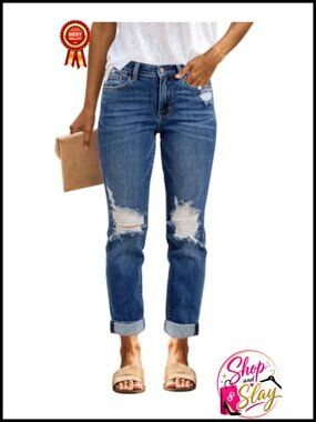 Women's Boyfriend Ripped Mid Rise Stretchy Baggy Denim Jeans Distressed